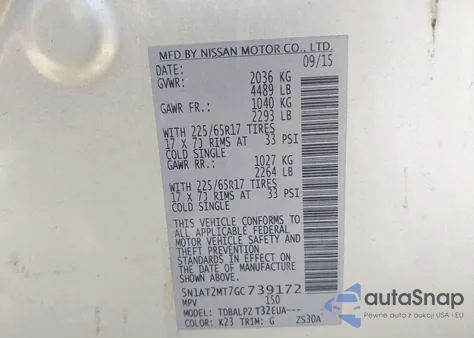 2016 Nissan Rogue S/Sl/Sv z USA, uszkodzony, nr VIN 5N1AT2MT7GC739172